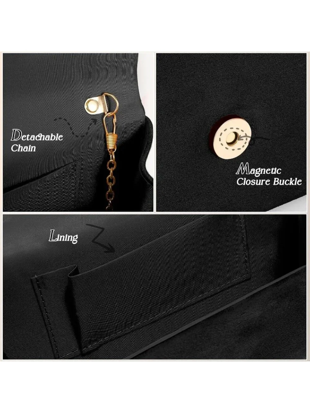 Women’s Black Formal Clutch Purse Elegant Evening Bag Detachable Chain Strap